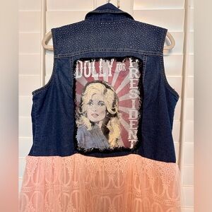 DOLLY PARTON upcycled pink lace Jean vest duster XL